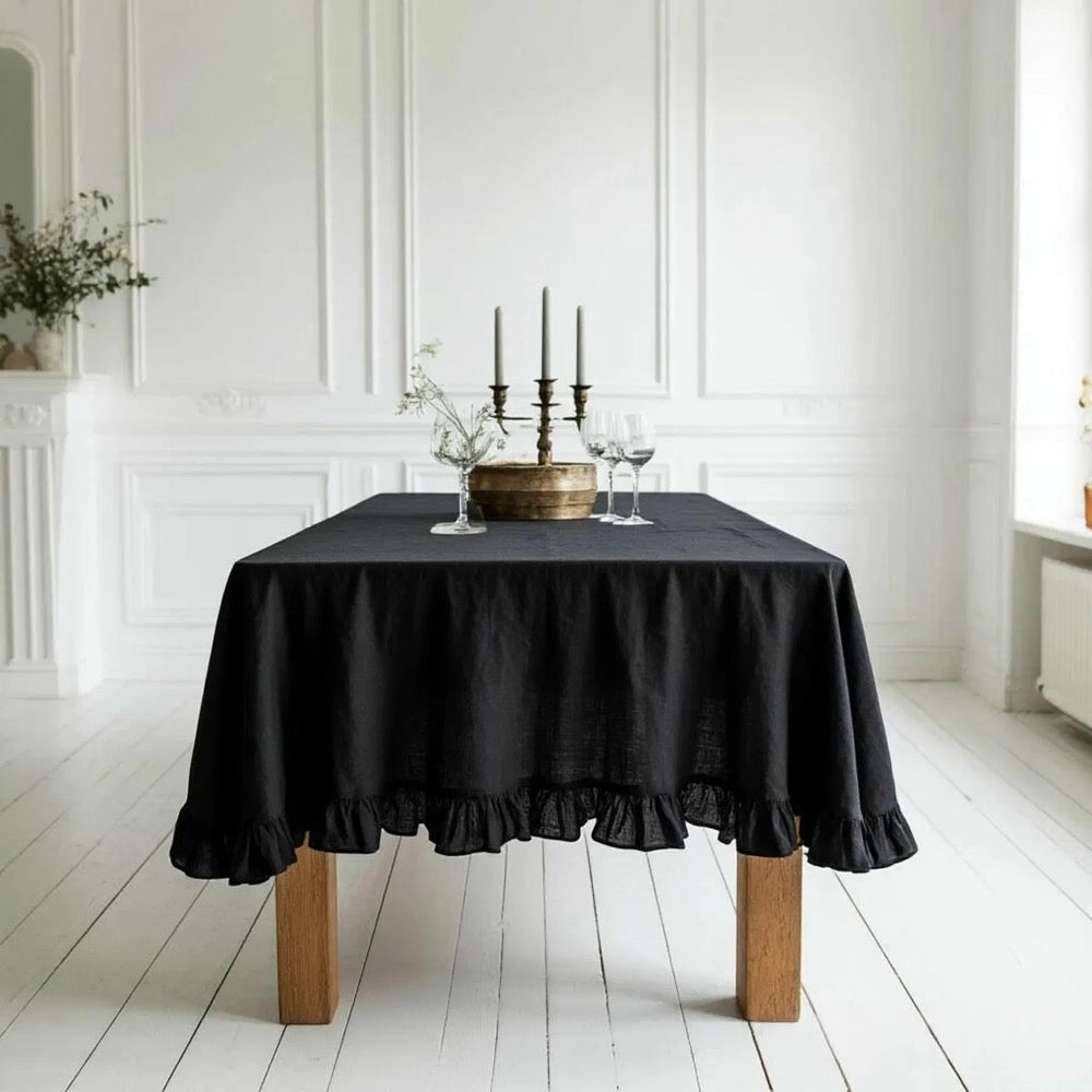 Ruffled Linen Tablecloth. Stonewashed Organic Table Linen. Kitchen Decor