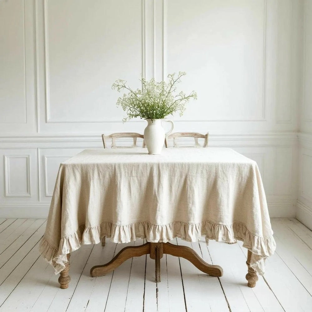 Ruffled Linen Tablecloth. Stonewashed Organic Table Linen. Kitchen Decor
