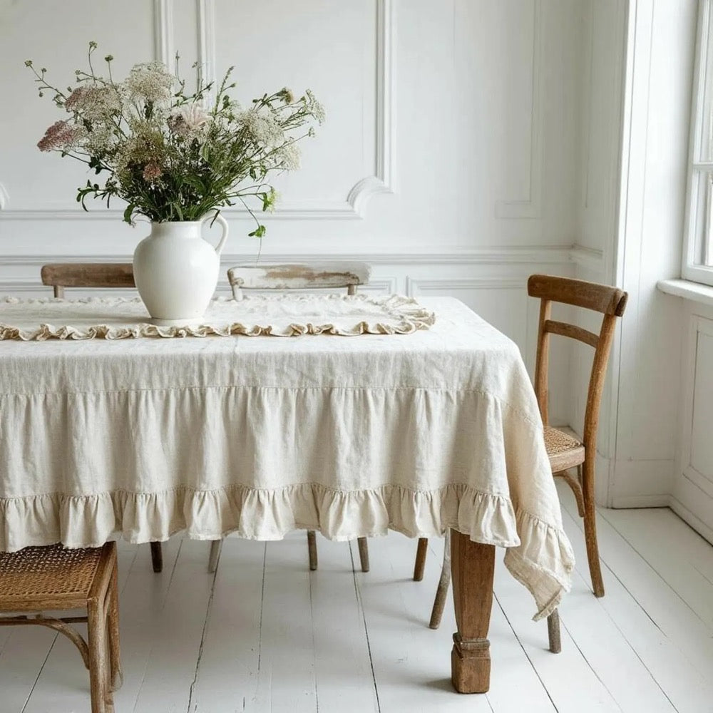 Ruffled Linen Tablecloth. Stonewashed Organic Table Linen. Kitchen Decor