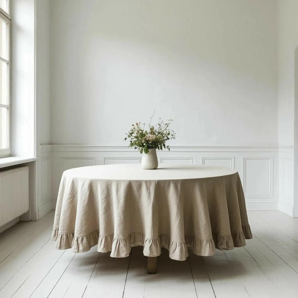 Ruffled Linen Tablecloth. Stonewashed Organic Table Linen. Kitchen Decor