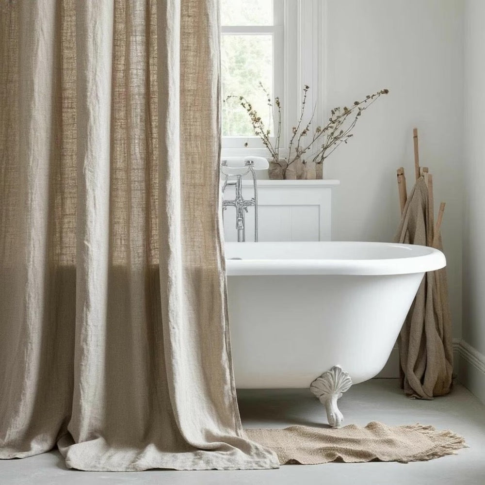 Organic Flax Shower Curtain. Bathroom Shower Panel. Douche Fabric Drape. Buttonhole & Tie Top